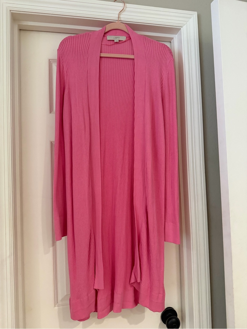 LOFT Bright Pink Long Open-Front Ribbed Cardigan